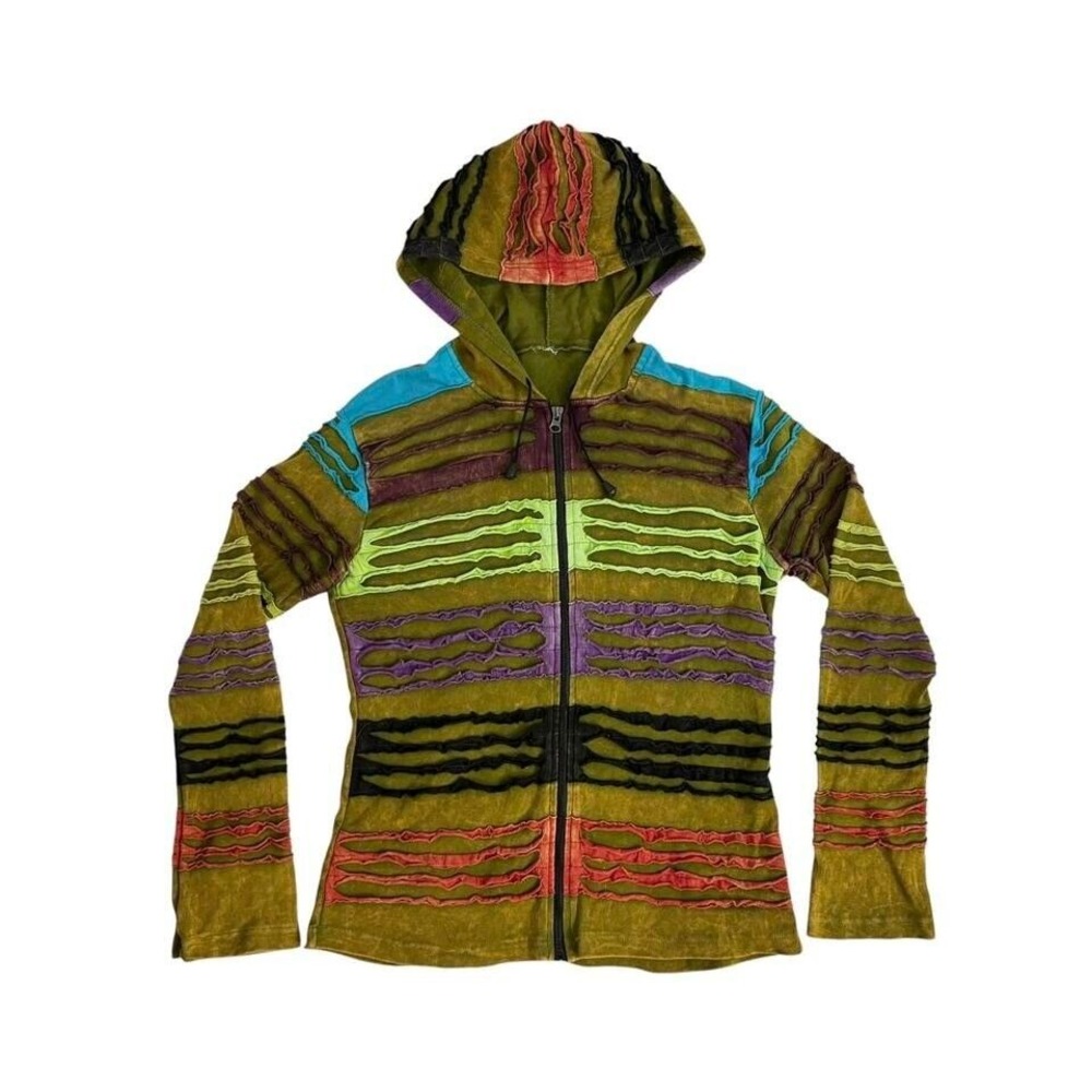 y2k striped zip up hoodie fairy core multicolor ruffle zip up jacket green black